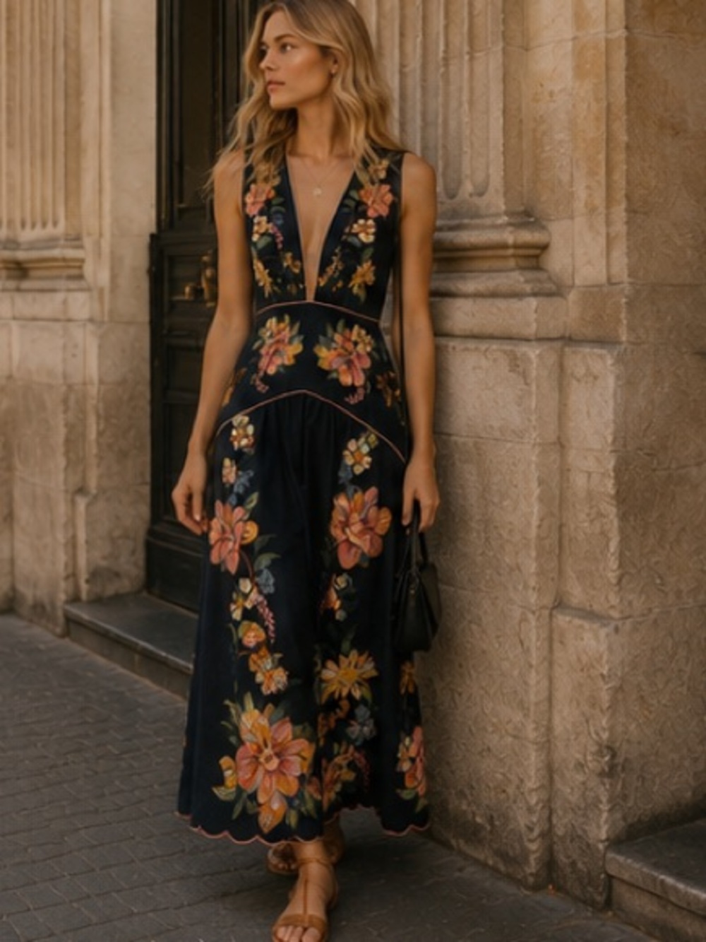 FARM Rio navy blue Maxi Dress with Pink & Yellow Floral Embroidery - Picture 7 of 11